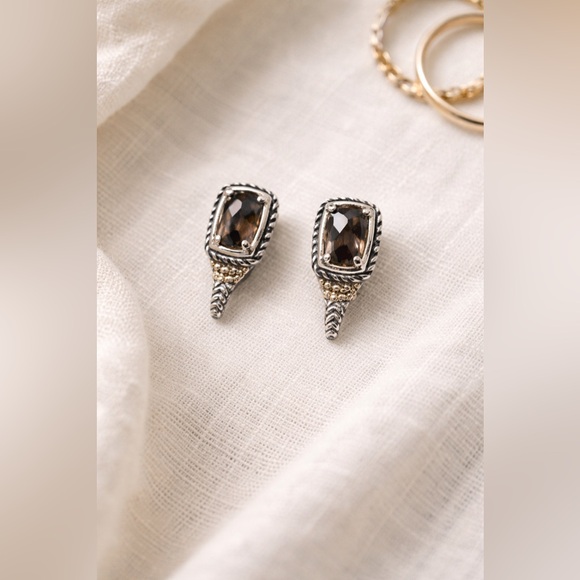 None Jewelry - 14K Gold & Sterling Silver Smoky Topaz Earrings Thailand Signed